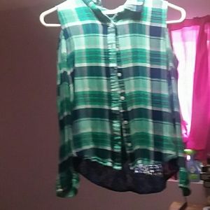 Blue plad off the should long sleeve shirt